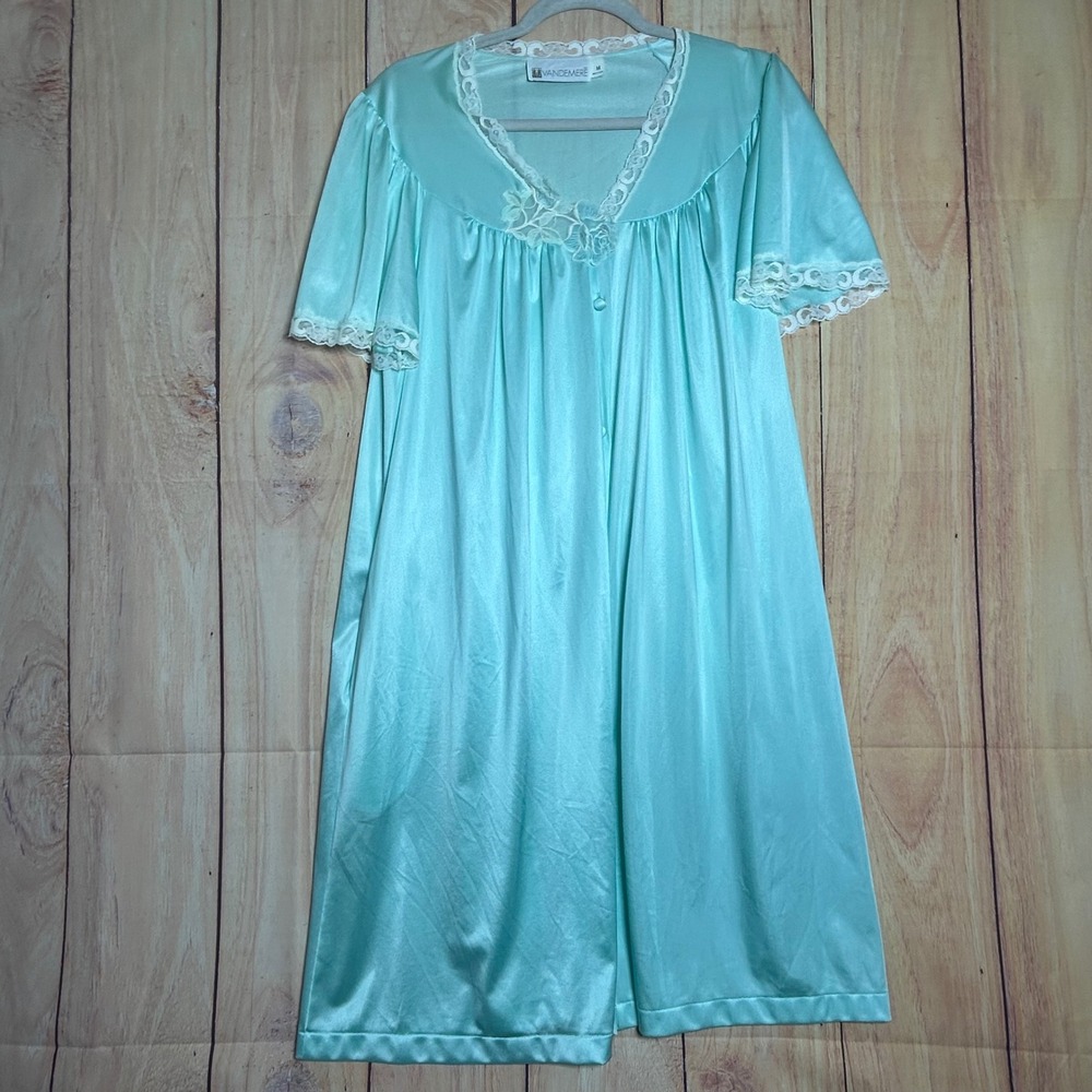 VTG Vandemere Nightgown Women M Aqua Lace Trim Vintage Antron III Coquette Retro